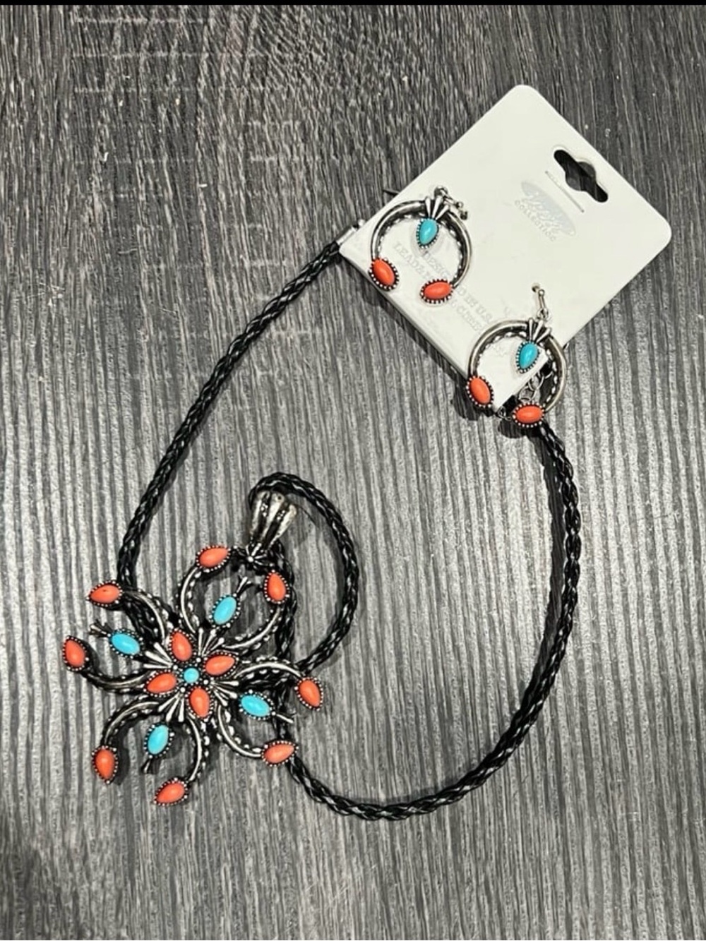 Handcrafted Turquoise & Coral Flower Pendant Necklace with Matching Earrings